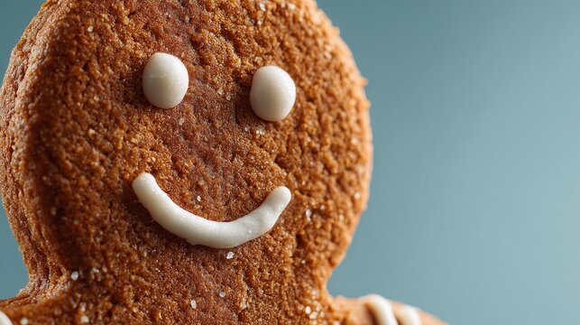 A close-up, detailed portrait of a friendly looking gingerbread man cookie, slightly off-center. The background on the left side of the frame must be a clean, unfocused space.