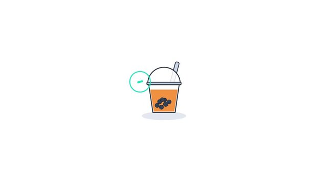 Seamlessly looping 4K motion graphics asset featuring a geometric bubble tea cup with floating boba pearls, wide straw, dome lid, and quality refreshment seal stamp.