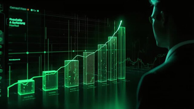 Business professional observing glowing financial growth chart on digital screen during an intense stock market analysis motion footage animation video