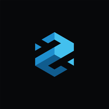 Modern abstract 3D geometric hexagon shape logo in blue shades isolated on black background