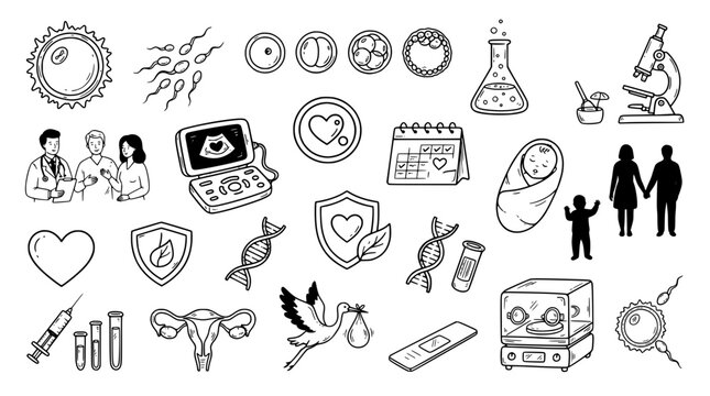 Set of hand drawn doodle icons representing fertility pregnancy and reproductive health medical concepts