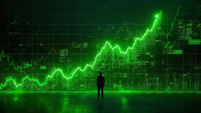 Businessman standing before glowing green stock market charts analyzing financial data in this dynamic digital motion video footage animation scene