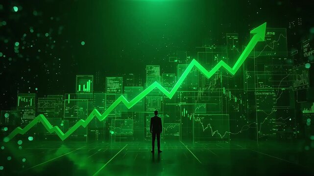 Businessman standing before massive glowing green rising financial stock market arrow chart showing upward business growth digital animation motion footage