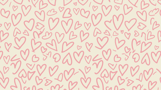 Hand Drawn Doodle Outline Hearts Seamless Pattern on Cream Background
