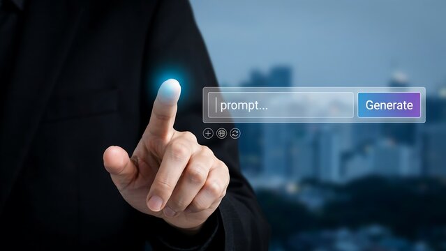 Businessman touching digital search bar interface for AI generative technology concept