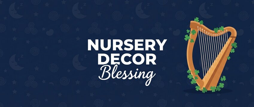 Nursery decor Irish blessing harp vector illustration on dark blue night background with shamrock clover design, sleeping moon and star pattern graphic for St Patricks Day baby room print artwork bann