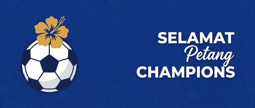 Malaysia soccer championship background vector with golden hibiscus flower and Selamat Petang Champions text greeting banner for sports victory celebration design blue floral pattern illustration
