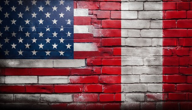 usa flag and peru flag graffiti on brick wall
