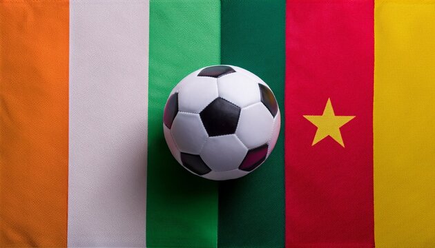 soccer ball placing between Ivory Coast flag and Cameroon flag