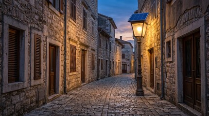 Fototapeta premium Narrow cobblestone alley in old stone town at dusk with street lamp