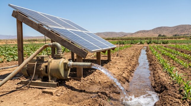 Solar powered water pump irrigating crops in a sunny farm field