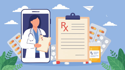 Fototapeta premium Telehealth concept with doctor on smartphone, digital prescription, and medication delivery