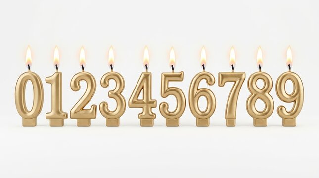 Gold birthday candles set with burning flames, metallic number candles from zero to nine, elegant golden cake toppers for anniversary celebration