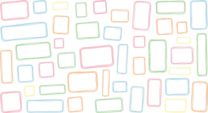 Abstract background with randomly scattered colorful rounded rectangles on transparent checkered pattern.