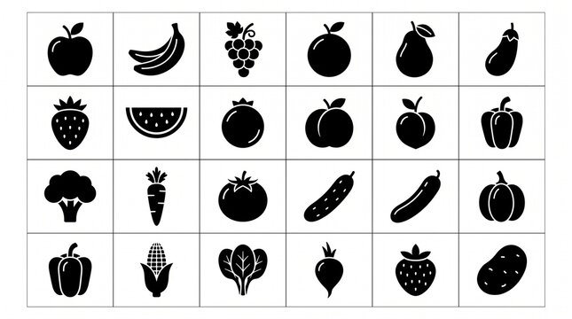Minimalist Black Silhouette Fruit and Vegetable Icons Set - Healthy Food and Nutrition Vector Collection