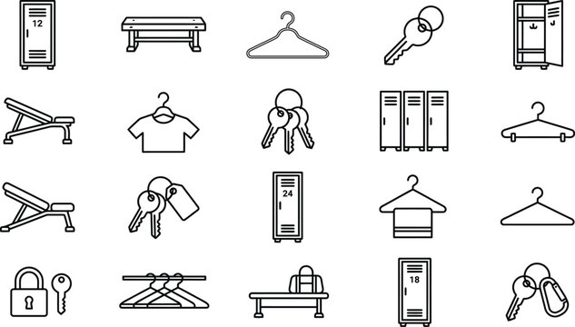 Collection of locker, bench, hanger, and key icons in line art for gym and changing room.