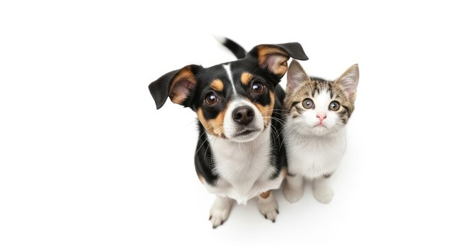 A small brown and black dog and a white kitten are looking up at the camera. The dog is playful and curious, while the kitten appears alert and slightly apprehensive.