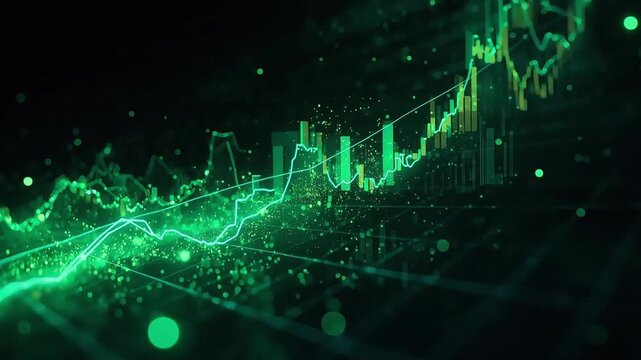 Green financial candlestick chart market motion footage showing digital stock exchange growth analysis with glowing neon particles and grid lines