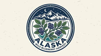 Obraz premium Vintage style circular emblem featuring Alaska wild blueberry harvest with mountain scenery.