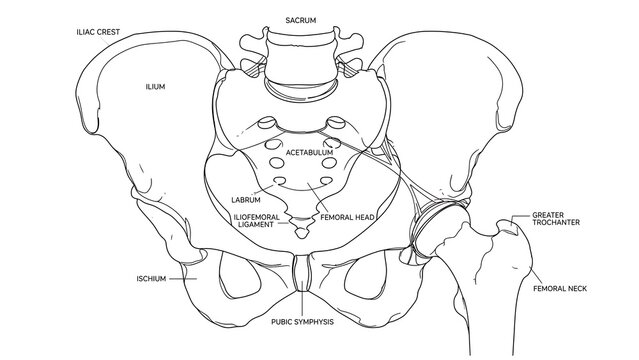 Human pelvis anatomy white background.