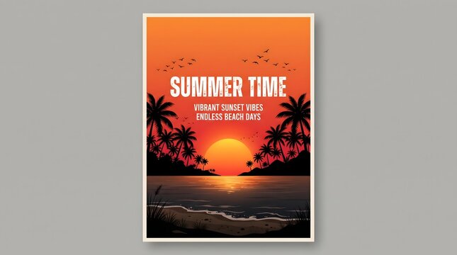 Summer Time tropical poster with palm tree silhouettes and gradient sky