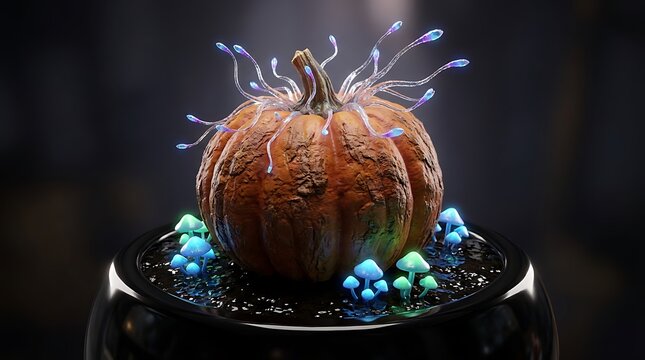 A surreal orange pumpkin with glowing blue tentacles and small mushrooms on a dark surface