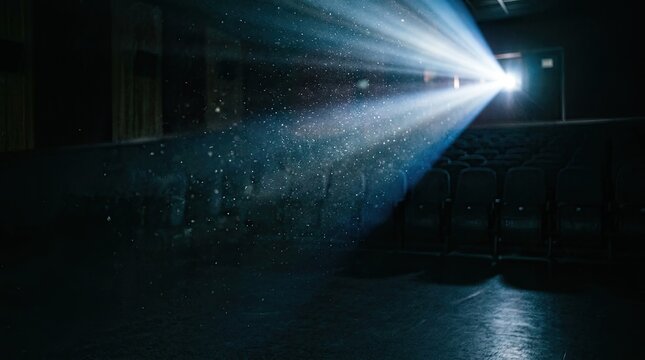 A powerful spotlight pierces through a dark theater, illuminating rows of empty chairs. Dust motes dance in the beam of light, creating a dramatic and ethereal atmosphere.