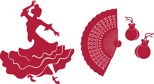 Flamenco Dancer Silhouette Vector Set with Traditional Spanish Lace Hand Fan and Castanets Symbols for Cultural Performance and Event Layout Designs