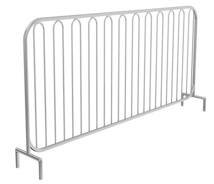 professional 3d realistic perspective render of a sturdy silver steel event barrier utilizing curved metal tubing and vertical bars for effective temporary crowd restriction and safety management