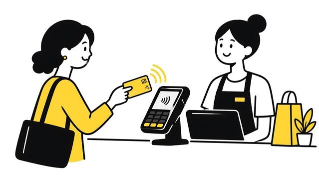 Minimalist, black-and-white characters with yellow a customer making a contactless payment with credit card at a point of sale terminal.