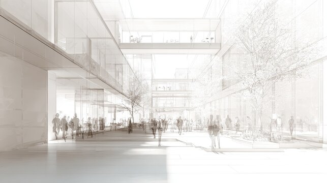 A clear, empty, light-colored space in the top-left quadrant for text overlay. Architectural rendering, optimistic feel, focus on community effort.
