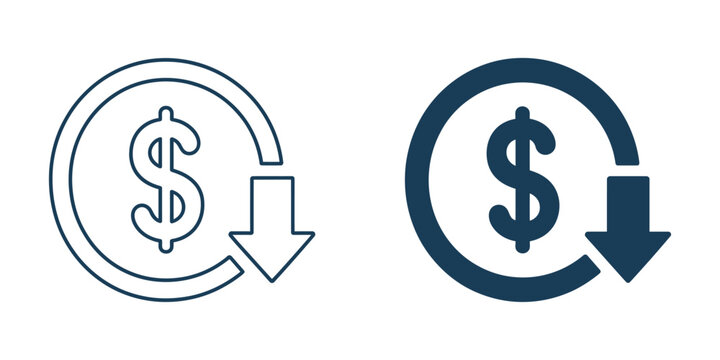 Cost Reduction Icon, dollar decrease symbol representing cost saving, financial management, budget control, business efficiency, profit analysis, and expense reduction.