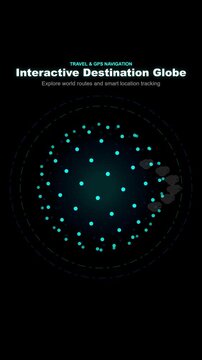 Vertical travel onboarding animation featuring a rotating 3D dot matrix globe, glowing flight arc routes, dropping GPS map pins, and HUD elements on a transparent background.
