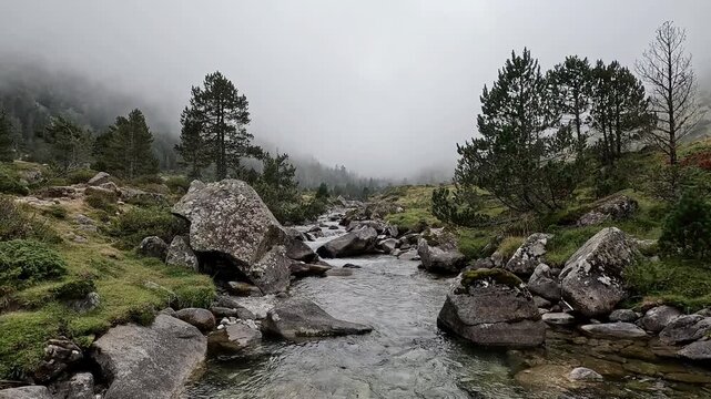 A Pristine Mountain Stream With Boulders in the French Pyrenees