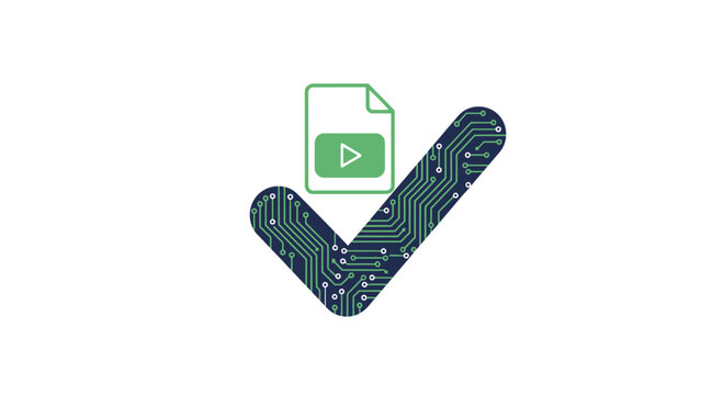 Verified Video File Icon with Electronic Circuit Board Checkmark for Digital Authentication