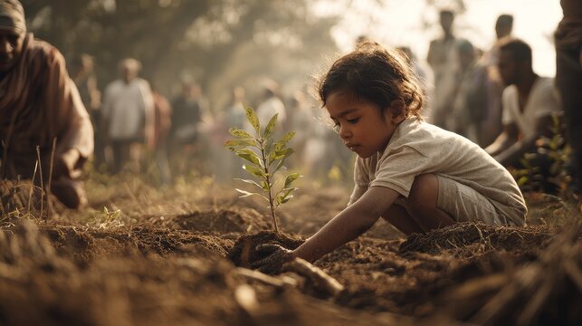 A powerful image of a child planting a small sapling in a deforested area, surrounded by older, hopeful community members, signifying efforts towards reforestation. 