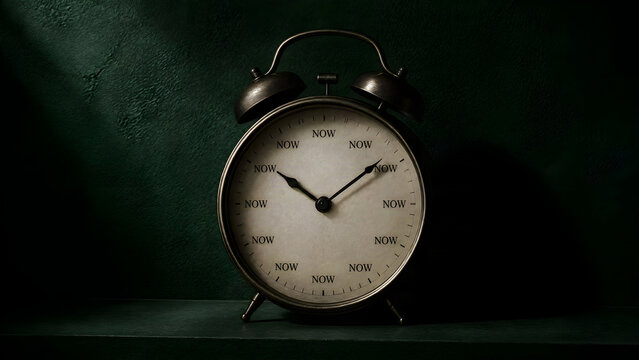 Conceptual close-up of a round analog alarm clock with all twelve positions replaced by the word NOW, set against a textured deep green wall with focused side lighting and soft elongated shadows.
