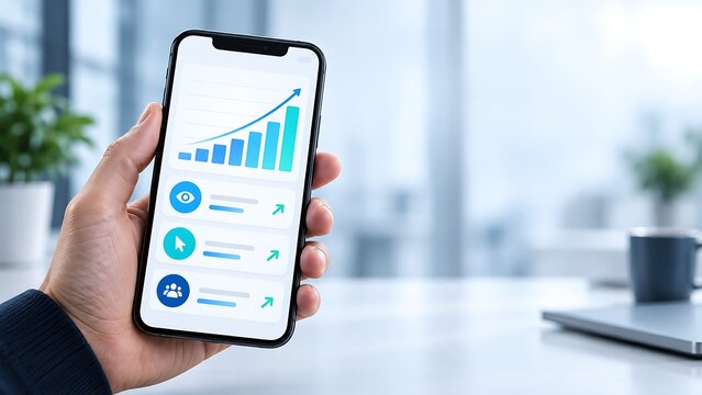 Mobile business analytics app displaying financial growth charts and marketing performance metrics on smartphone screen