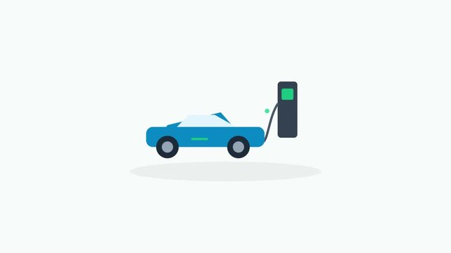 Minimalist 2D animation of a blue electric vehicle charging at a power station. Illustrates green energy, sustainable transport, and eco-friendly technology on a clean white background.