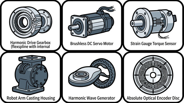 Mechanical components including gearboxes and servo motors are displayed as technical engineering parts.