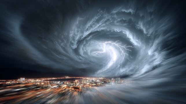 A high-speed photograph of a destructive category 5 hurricane approaching a brightly lit metropolis at night. The storm clouds are swirling and backlit by lightning flashes.
