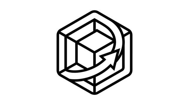 Isometric cube icon with rotating arrow sign.