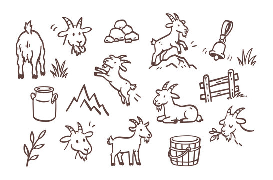 Hand drawn goat outline illustration set with cute farm animals, mountain, bell, milk can and rustic countryside elements. Simple vintage line art for children&rsquo;s books, nursery decor and farm designs