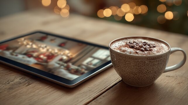 An electronic tablet displaying a Christmas movie, sitting next to a detailed mug of cocoa. The wall or table surface in the top-left must be clean and empty. 