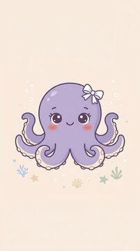 Cute purple octopus illustration with a white bow on a beige background