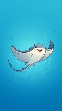 Cartoon stingray swimming in blue ocean water with copy space
