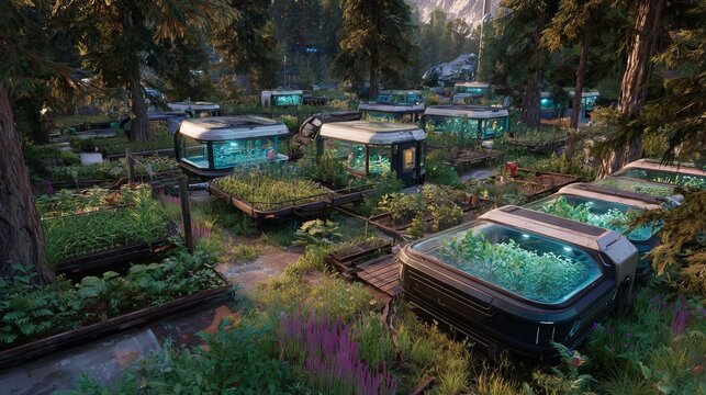 Futuristic, self-sustaining community amid a verdant forest. Dwellings with gardens are thriving, illuminated by a soft glow