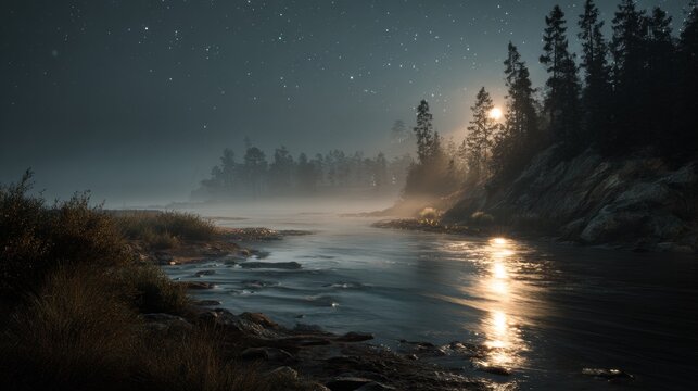 Tranquil river scene at night, reflecting a bright moon & starlit sky. Fog hugs the water and distant trees