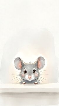Small grey mouse peeking over a white surface with soft light background