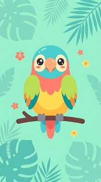 Cute cartoon parrot perched on a branch with tropical leaves background